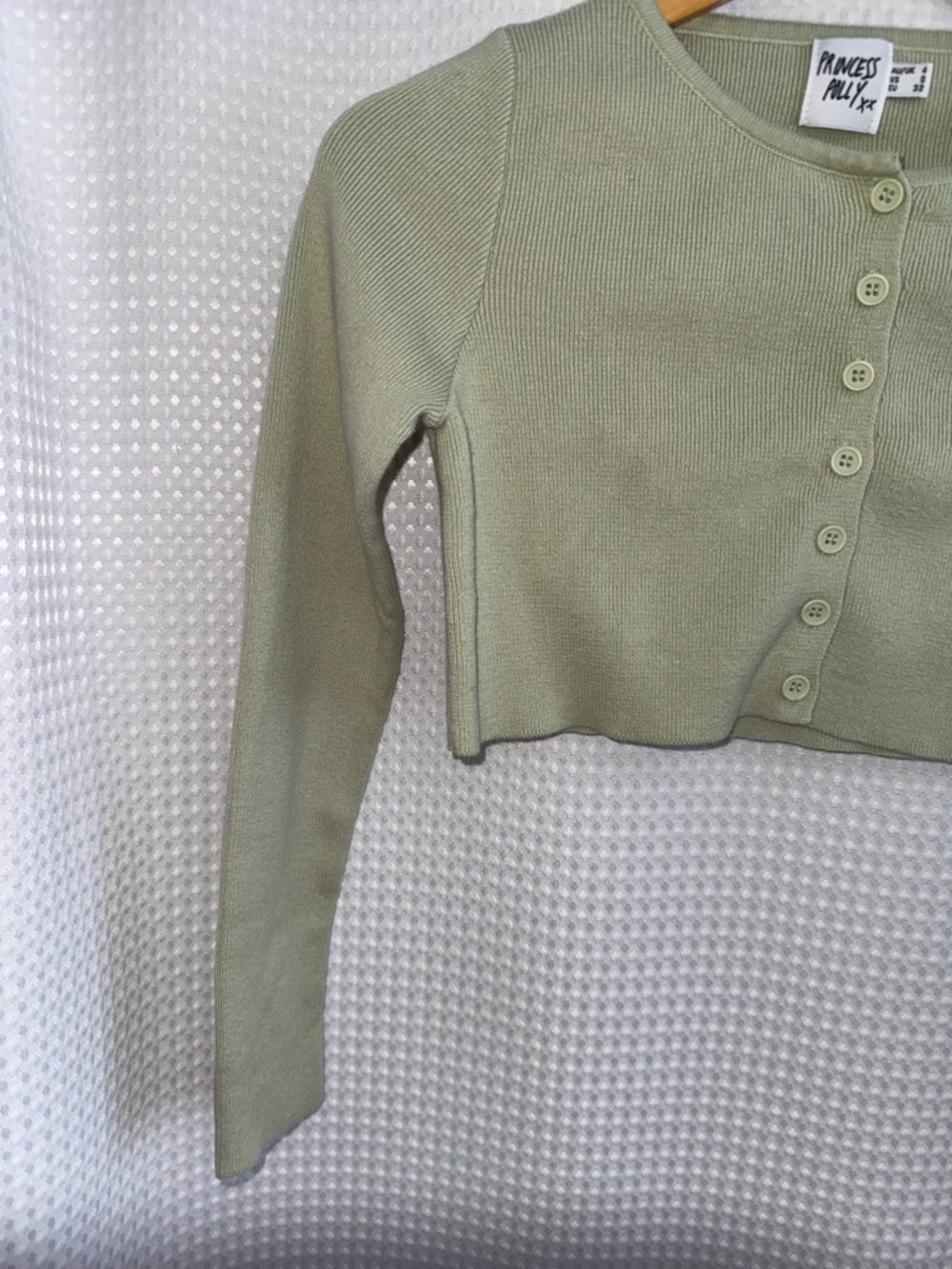 Princess Polly Cropped Ribbed‎ Cardigan Sage Green Button Front Size 0 - Picture 3 of 11